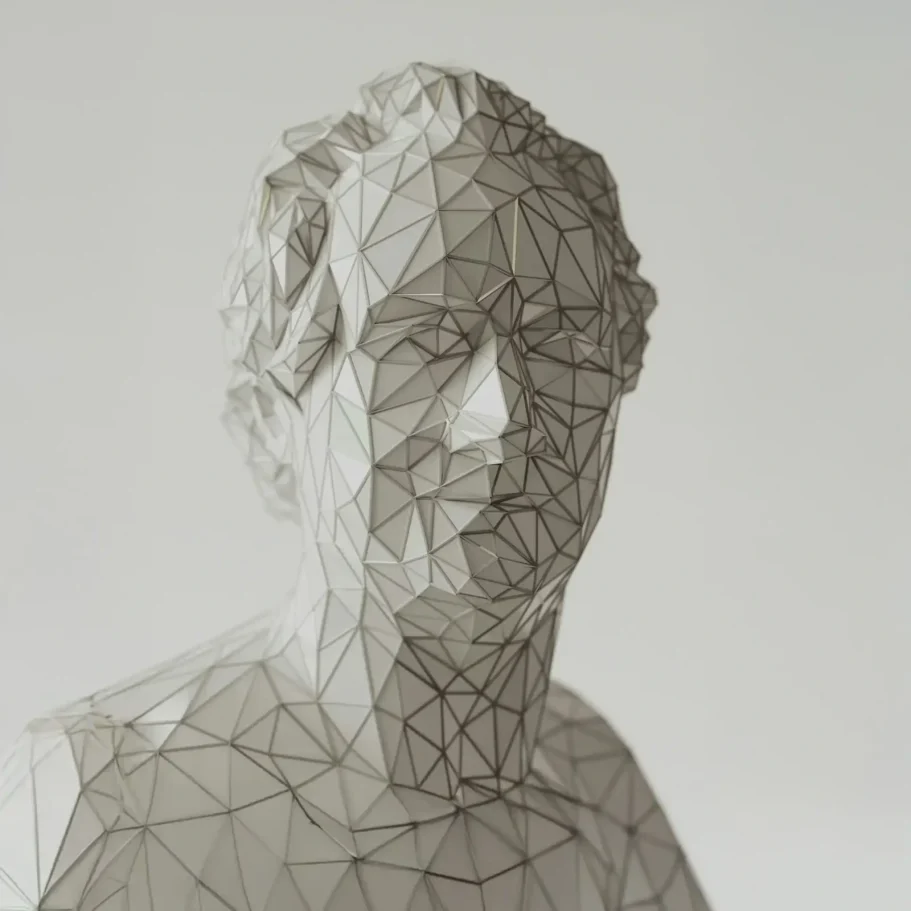 Eine geometrische Skulptur eines Kopfes aus feinen Linien und dreidimensionalen Formen.